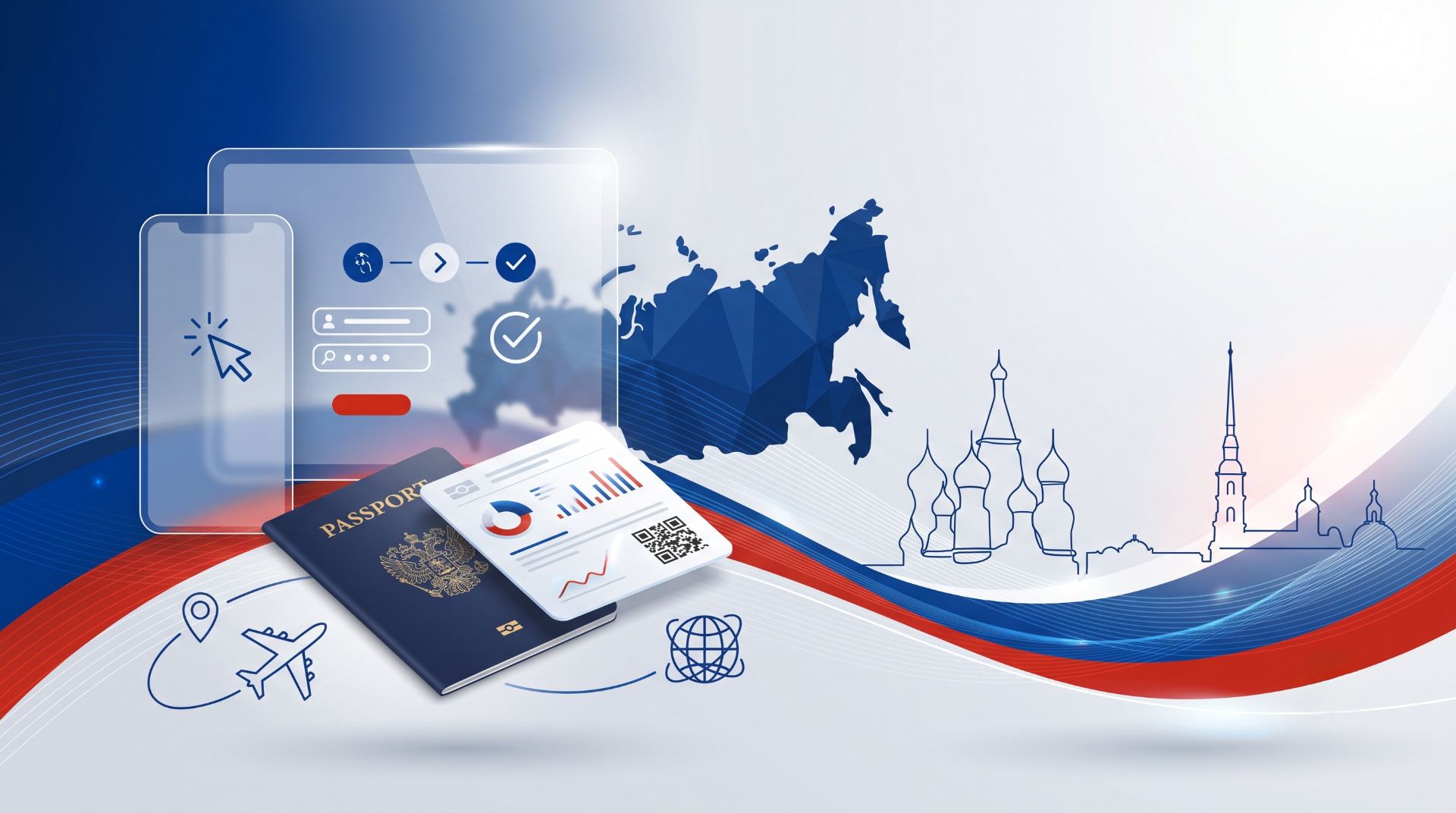 Rusya e-vize başvurusu için dijital pasaport ve Rusya temalı elektronik vize görseli