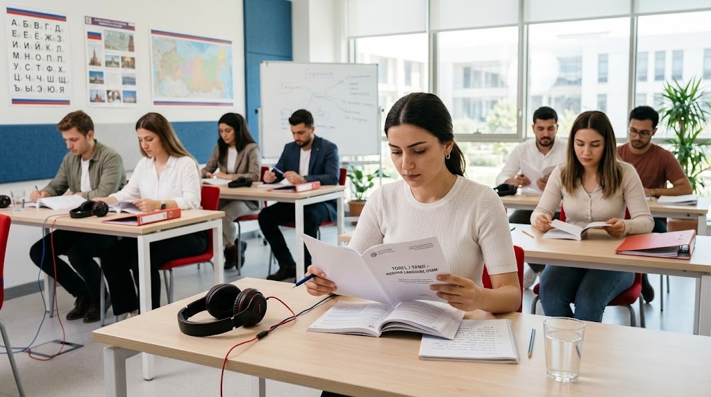 TORFL sınavına hazırlanan öğrenciler ve Rusça yeterlilik sınavı materyalleri