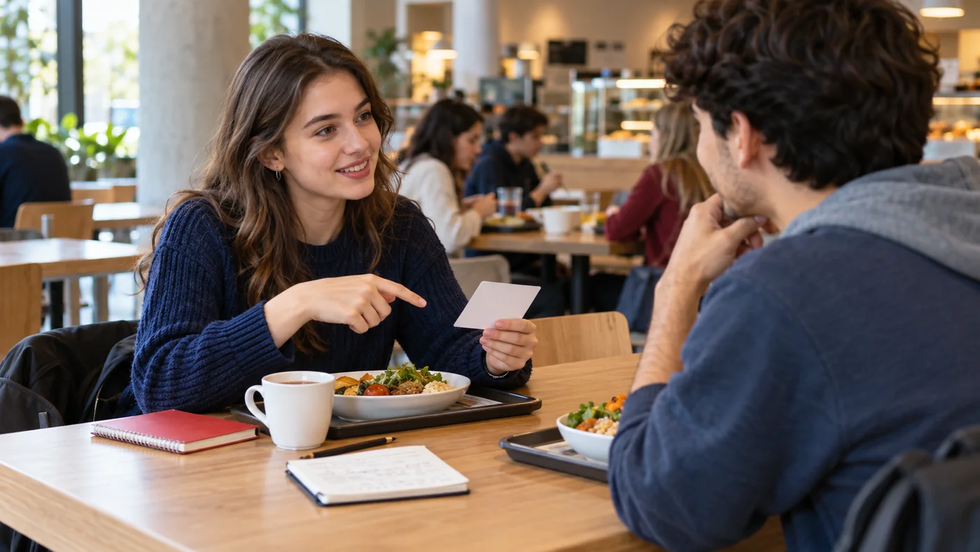 Kafeteryada dil kartlarıyla günlük sayı pratiği yapan üniversite öğrencileri